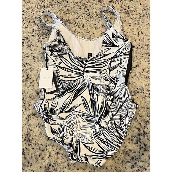 DKNY Women's White Printed Lined Removable Cups Mesh Scoop Neck One Piece Swimsu - Picture 3 of 5